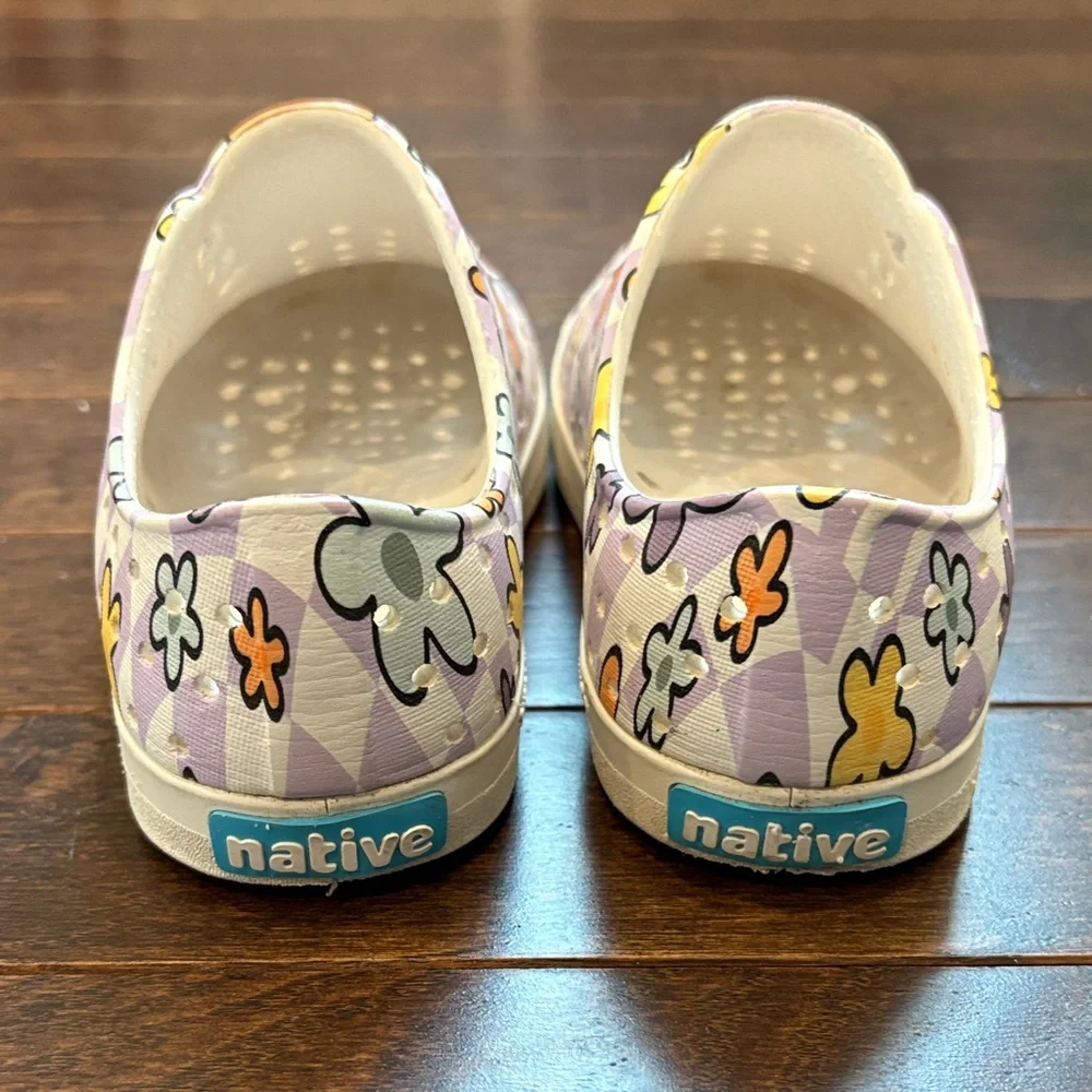 Native Jefferson Toddler Size 10 Floral Daisy Purple Checkered Slip-On Shoes - Picture 3 of 6